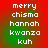 Red and green gradient background with white pixelated text reading 'merry chisma hannah kwanza kuh' in two vertical