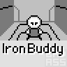 A 5x4 contact sheet of pixel art frames showing IronBuddy character animations with varying poses, expressions, and background elements across multiple sampled frames.