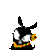 Animated pixel art of a black rabbit-like character with white eyes and orange-yellow floral collar, blinking in sequence.