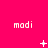 A bright pink background displays the text 'modi' repeated three times in white pixelated font across three , with small white symbols between the text elements