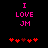 Pixelated pink text "I LOVE JM" above red heart symbols on black background, with heart positions shifting between frames.