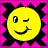 A 2x2 contact sheet of a pixel art animation featuring a yellow smiley face and text fragments on a pink background with black starburst shapes, displayed as three visible frames in the review image.