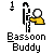 Pixelated character in yellow shirt plays black-and-white bassoon with white bell, text 'Bassoon Buddy' below, gray background.