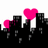 Pixelated cityscape with black buildings and pink hearts, paired with pink text in a chat bubble style.