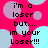 Pixelated text on a pink background with light blue and purple circles, reading "i'm a loser but... im your Loser!!!" in black font.