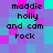 Pixelated text 'maddie holly and cam rock' appears on a of cyan, purple, and magenta squares with varying brightness levels