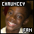 Two side-by-side pixelated images of a person with dark skin wearing a light-colored shirt, with text overlays reading CHAUNCEY and FAN.
