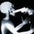 Pixelated grayscale figure with rounded head and extended arm against black background, rendered in low-resolution style.