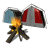Animated sequence of a campfire with tent in background, showing flame flicker and subtle motion across frames.