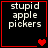 Four black square with red borders display 'stupid apple pickers' text and changing heart symbols