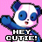 Pixelated cartoon panda with blue and white coloring on pink background, waving arm, text "HEY CUTIE!" below.