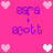 Pixelated pink background with purple text 'osra + scott' and heart symbols in white and pink.