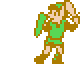 Pixel art of a character in green tunic and brown boots holding a sword, shown in three distinct poses against gray background.