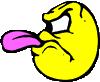 Yellow cartoon head with angry expression, pink tongue extended left to right across showing gradual retraction
