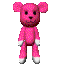 Pixelated pink plush toy with white accents on limbs, shown in three poses: standing still, waving, and with a different head shape.