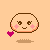 Pixelated circular character with brown outline, pink cheeks, and smiling mouth, holding a pink heart, with a second version showing closed eyes and floating hearts.