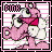 Pixelated cartoon character with pink and white color scheme in two animation frames showing slight pose differences against striped background.