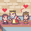 Pixel art scene with three figures on a platform: two smaller figures flank a central figure, all wearing crowns and red-and-yellow attire, with pixelated hearts floating above.