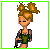 Pixel art character with brown hair in high bun, wearing green overalls and dark sleeves, standing beside red text reading KELLY on white background.