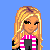 Pixel art contact sheet showing multiple frames of a blonde female character in black and pink winter attire with a snowflake symbol on blue background.