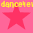 Yellow pixelated text 'dance' repeats horizontally above four red stars on a pink background.