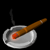 identical animated cigarette icons in ashtrays with glowing tips and rising smoke against a black background