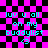 Pixelated text on a pink and black checkered background with cyan text and a heart symbol.