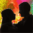 Animated contact sheet of seven frames showing a couple's silhouette kissing against a colorful pixelated background with yellow-orange light effects.