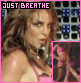 identical animated frames showing a woman in a pink bikini top against a blue and black checkered background with 'JUST BREATHE' text at the top