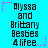 A static image with a bright cyan background displays repeated text 'Alyssa and Brittany Besies 4 lifee' in black pixelated font, surrounded by pink and purple star-shaped and dotted decorative elements.