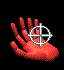 A 4x4 contact sheet of red hand animations on black background, showing sequential frame changes from open palm to closed fist and back with a crosshair in first frame.