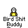 Animated contact sheet of a pixel art character with white head and yellow body, displaying sequential frames showing small particle effects around the figure against gray background.