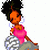 Pixelated icon of a person with dark curly hair in a high bun, wearing a pink sleeveless top and gray pants, standing on a silver disco ball against a white background.