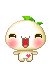 Pixelated character with white rounded body, green leafy top, pink cheeks, red mouth, and red heart on chest, shown in four variations with differing eye shapes and body size.