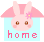 Pixelated pink rabbit head with brown eyes and pink cheeks inside light blue square, with 'home' text below and pink flower on left ear.
