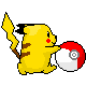 Yellow cartoon creature with brown stripes and red cheeks holds a red-and-white spherical object, changing its grip across frames.