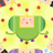 Pixelated green character with square face panel, yellow border, and red dot antenna on light yellow background with scattered red dots.