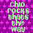 Purple background with pink stars and repeated green text reading "chio rocks that's the way" in a vertical