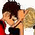A 2x2 contact sheet of a pixelated animated icon showing two cartoon characters kissing with text overlays about meeting in a room, displayed on a gray background.
