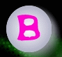 A circular icon with a light gray background features a bright pink letter B in the center, set against a black backdrop with green pixelated patterns at the bottom.
