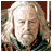 A static image of a man with long white hair and beard, wearing dark clothing with green accents, displayed alongside multiple 'The Lord of the Rings' text logos.