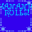 Blue background with repeating light blue pixelated text 'KARACH' and 'RULE' in two , surrounded by white dotted lines and star-like symbols