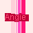 A contact sheet of five animated frames showing a pixelated text-based buddy icon with the name 'Angie' displayed over various pink and white striped backgrounds.