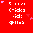 Red background with white pixelated text reading "Soccer Chicks kick grass" repeated in a , scattered pink stars