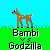 Pixelated deer icon with text "Bambi" and "Godzilla" on green grass background, showing sequential animation frames of the deer's body changing to a tree-like structure.