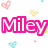 Pixelated pink text 'Miley' with white outlines on a white background, surrounded by small pixelated hearts in pastel colors.