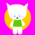 Pixelated white animal with blue eyes and pink cheeks wears green shirt against orange circular background on bright pink field.