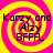 Four identical display a yellow and pink spiral background with black text reading 'Korzy and Alzy BFFAL' in each