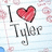 Pixelated image with 'I' and a red heart symbol followed by the name 'Tyler' in stylized text, set against a light blue background with faint pink floral patterns.