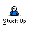 A 4x4 contact sheet of a pixelated blue character with white face and black eyes, showing multiple animation frames including static poses, raised arms, cursor interactions, and speech bubbles.